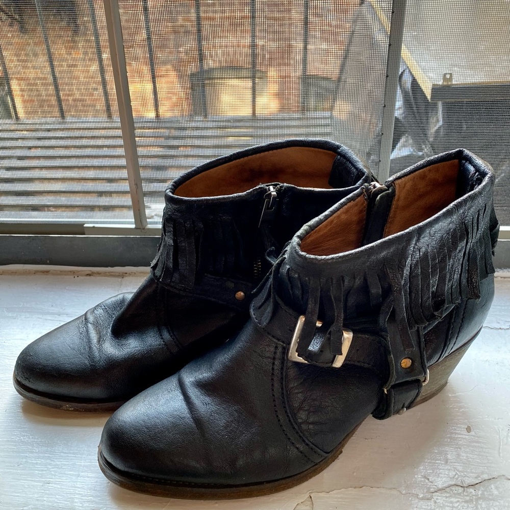 AllSaints Antiqued Taupe Bonny Cuban Fringe Harness Boots/Booties